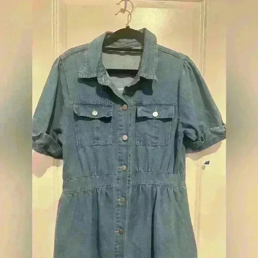 Denim Casual Lapel Button Down Front Maxi Shirt Short Sleeve Dress - Picture 4 of 7